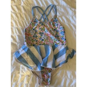 SweetHoney Sweet Honey‎ 3T Girl Swimsuit Pink Green Blue White Floral Skirted